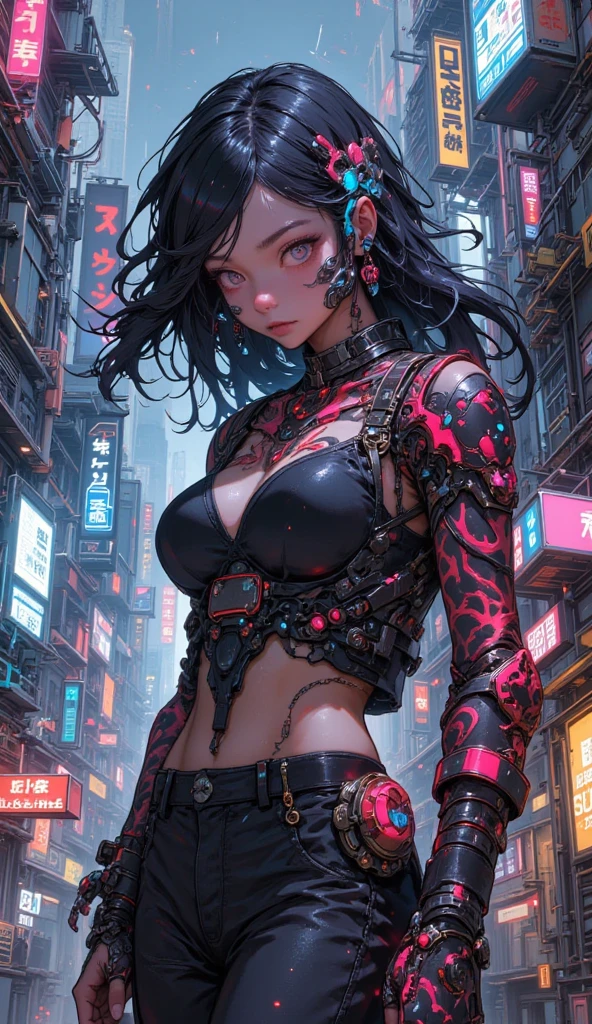 1 girl, solo, cyberhanfu, wearing long sleeve ,chines cloths, In red and black,daynamic pose,massive tits, Cyberpunk-city, dynamicposes, head gear, hair adornments, long whitr hair, cyber punk perssonage, a high-tech city, Full of mechanical and futuristic elementirai, technologies,8k best quality