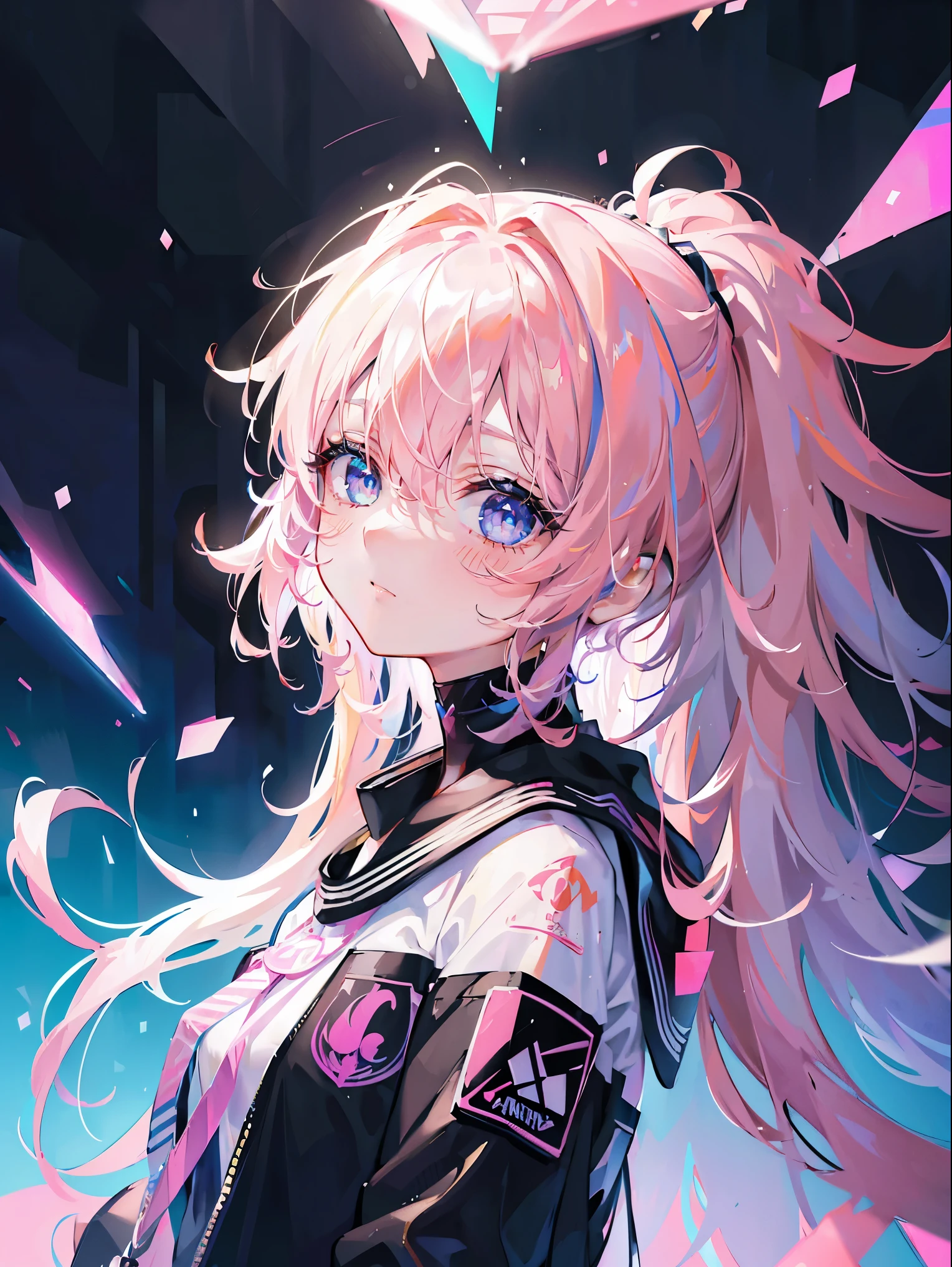 ((masterpiece)), (alone),( dynamic angle),album, (mistake), ( 1girl :1.3), Pink Hair , long hair, ( alone:1.2),(nice looking face),(++++ (exquisite eyes)), medium bust,(painting), ((messy hair), Colored Hair , striped hair),night, (neon lights), light smile, Watching the audience, Double Exposure , (Chromatic Aberration), light leak , noise and particles, Design , Art, abstract Art, Bright, Rebellious,Black accessories