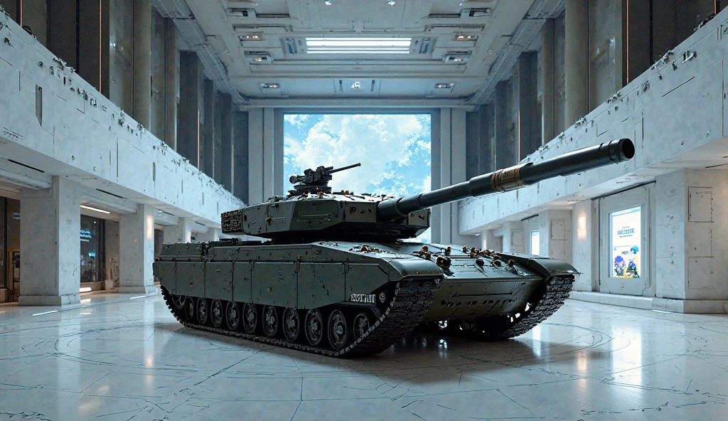Interior of a Palace with marble floor with tank on the grounds, marble aesthetic, ((green colored M1 Abrams Tank on the floor)), Large tank on marble floor, white marble, shiny floor, marble floors, red padded, Greek Roman Columns, royal aesthetic, Golden details, Gold ((masterpiece)), color photograph, (sharp focus:1.2), tank on grounds,  extremely detailed, intricate, dramatic lighting, moody and melancholic atmosphere, sony a7 IV film stock photograph 4 kodak portra 400 camera f1.6 lens rich colors hyper realistic lifelike texture, best quality dramatic lighting cinestill 800, deep shadow, photo, Highly detailed, wide angle lens, depth of field, bokeh, 4K, HDR, absurdres, hyperrealistic, photorealistic, 1980s.