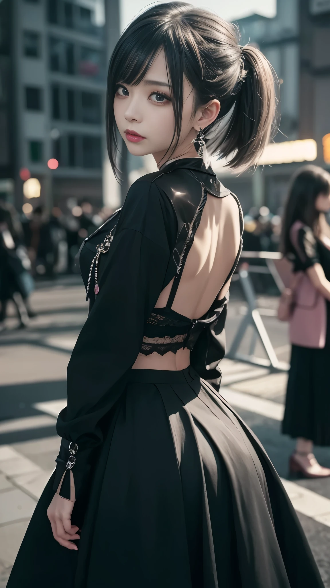  masterpiece、masterpiece、最高masterpiece、top quality、Ultra High Resolution、super high quality,aesthetic、16k、 (photorealistic:1.4)、 looks up, upper body、(Gray Hair、 Silver Hair、night)、realism、realistic、photoreal)、black、earrings、amount、Gothic skirt、goth girl aesthetic、Goth_punk,Sharp、night:1.2 、超flat chest:1.8, AA-cup chest 、 Slim waist:1.2、 Long Sleeve:1.5、マイクロミニSkirt、Unreal and dynamic、Surreal、absurd、 dynamic action shots、portrait、Super sharp、 realistic textured face and skin、beautiful symmetrical face、(perfect anatomy)、 CGSoation Trends, particle effect , beautiful effects, Brilliant Color, Neon Lights,、超A high resolution 、Octane Rendering、dark fantasy、Complex Detailed Background、 very delicate and detailed、Skirt、Unconventional、Luxurious Outfits、Pink fluorescent complementary color、 Leather Jacket、Deep Red Lipstick、 has swollen eyes、Red Eye Shadow、dynamic pose、Oblique View 、