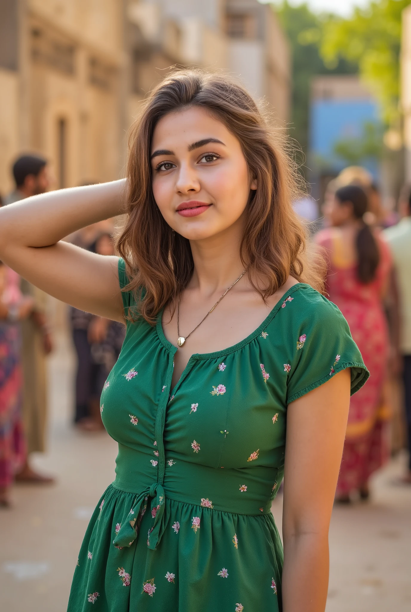 24 year girl in Indian village not modern village rural vibe wearing green gujrati dress in hawa mahal jaipur in front of local people with smile on face showing real cuteness hand in hair with style giving pose 