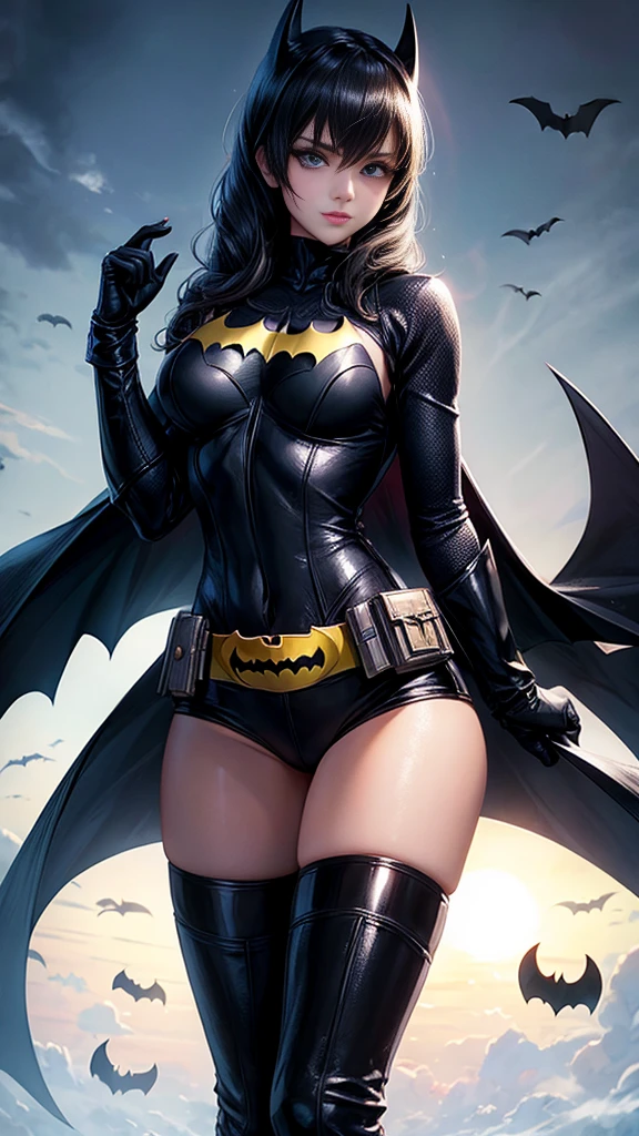 ultra realistic 8k cg, picture-perfect face, flawless, clean, masterpiece, professional artwork, famous artwork, cinematic lighting, cinematic bloom, perfect face, beautiful face, beautiful eyes, ((perfect female body, narrow waist, huge breasts)),absurdly long hair, very long hair, pattern, sexy, charming, alluring, jim lee,1girl, (batman uniform: bat signal, batman utility belt, cape, city, cloud, cloudy sky, gloves, lens flare), ((batgirl mask)), night, outdoors, rain , serious, sky, solo, spotlight, (superhero) , thick thighs, thighs, batgirl black boots, black leggings batgirl, seductive, erotic, enchanting, areola_slip, ( background with depth, blurred background), (masterpiece: 1.2) looking at viewer, blush, very detailed, (PureErosFace_V1:0.7), (cameltoe:1.2), (hourglass figure) , (ulzzang-6500- v1. 1:0.6), starry,starlight,night,