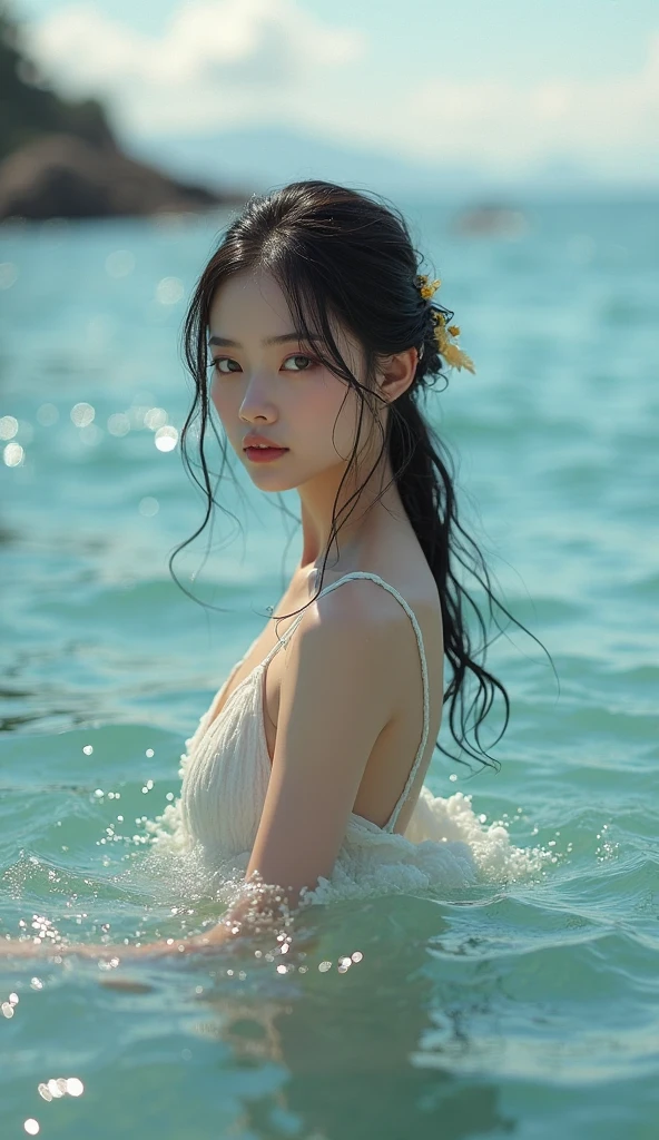 "(((best quality))), (((ultra detailed))), (((masterpiece))), illustration,((1 beautiful young girl,solo)),((slim,thin)),(strapless vibrant floral bra:1.3),((small breasts,flat chest)),(short ponytail:1.2),((shiny skin,sweat,wet)),seaside, summer, joyful, playful, physical features, smooth fair skin, gentle sea breeze, endless azure sky, picturesque backdrop, whiteness of sand, deep blues of the sea, waves crashing, internal turmoil, transformation, standing on the cusp of womanhood, confidence, sexuality, metaphorical plunge, next chapter of life,significance of the moment, beauty of the seaside, celebration of youth, excitement of summer ahead,((from front,close-up of face))