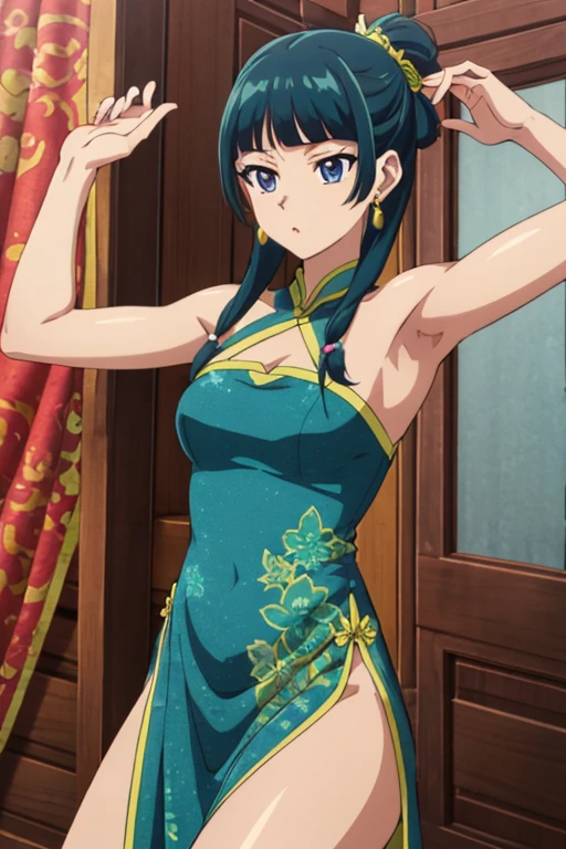 (Masterpiece, High Quality, Top quality, High-Detailed, Detailed CG, Cinematic Shadow, Cinematic Scene, Beautiful Detailed Eyes, Ultra Resolution, Depth of Field), (Character: maomao (kusuriya no hitorigoto)), Looking At The Audience, Looking Down, Looking At The Audience Below, (Blush Expression:1.2), (Small Expression:1.2), (SFW:1.2), (Dark Green Hair), (Two Strands of Hair Frame and are adorned with 2 beads each), Hair Ornament, Hair bun, Purple Eye, Five Fingers, Good Composition, Arms, Thighs, Small Breasts, Hips, Night Times, Midnight, Blur Background, Chinese Architectures.