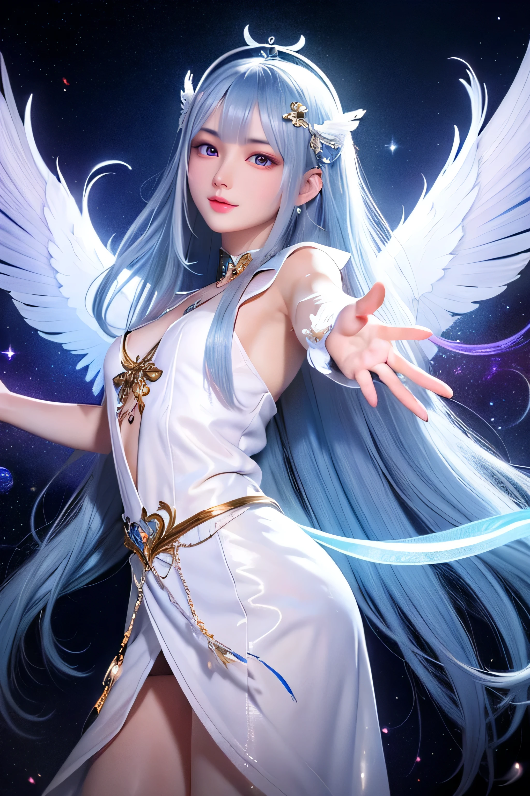 ((highest quality)), ((masterpiece)), (detailed), Perfect Face,kind,Healing,Alluring,fortune teller,Fantastic,vivid,Long Hair,front,Gal,Flashy hair,Wizard,Anime style robe,Silverの瞳,Eyelashes,crystal,(Silver),Angel Wings,Large earrings,crystal,