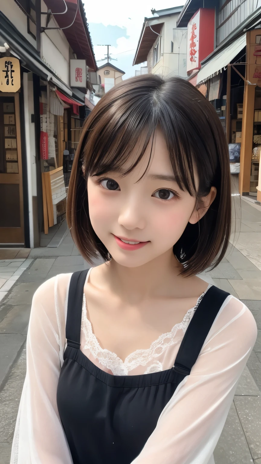 ((top quality)), ((masterpiece)), realistic images、Japanese Girl、 realistic image of the eye area 、Petite、 ish expression、、10age、bob hair、 black hair、 Slim、 body type、Breasts haven't developed、My bust isn't swollen、 ish expression、Real Face、Petite、ta fashion clothes、lace socks、I'm walking looking at the shops in the hot spring district、Bustling shopping street、They make manju、Stores that sell souvenirs,I'm walking very happy、I'm laughing with my mouth open、sticking out her tongue、