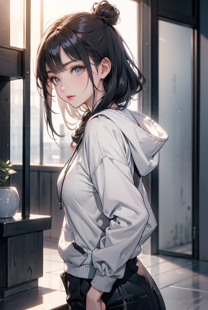 absurdres, RAW photo, extremely delicate and beautiful, masterpiece, Best Quality, ultra high resolution, 32k, hyperrealistic, ultra-detailed, delicate facial features, beautiful detailed woman, tearful mole, earring, medium breasts, full body shot, medium hair, black hair, hoodie, sportswear,