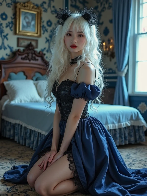 a female dragon with curly white hair, attractive, slender, beautiful, blue eyes, wearing a black Victorian dress with a purple lace-up neckline, enchanted forest setting with a in a room with a burning bed