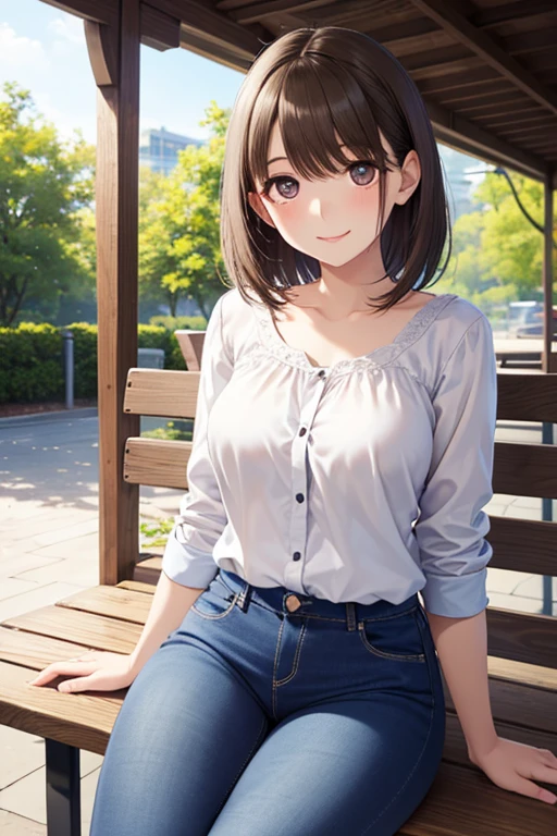 anegasaki nene、Shiny brown hair, short hair, (Beautiful brown eyes、Sparkling eyes, Fine grain)、smile、Ultra-detailed eyes、Highly detailed face, Highly detailed eyes,Cowboy Shot、
(masterpiece, Highest quality:1.2), One person, alone, alone focus, short hair, smile, View your viewers,
Beautiful mature woman、Skinny jeans、Innocent look、Station benches、platform