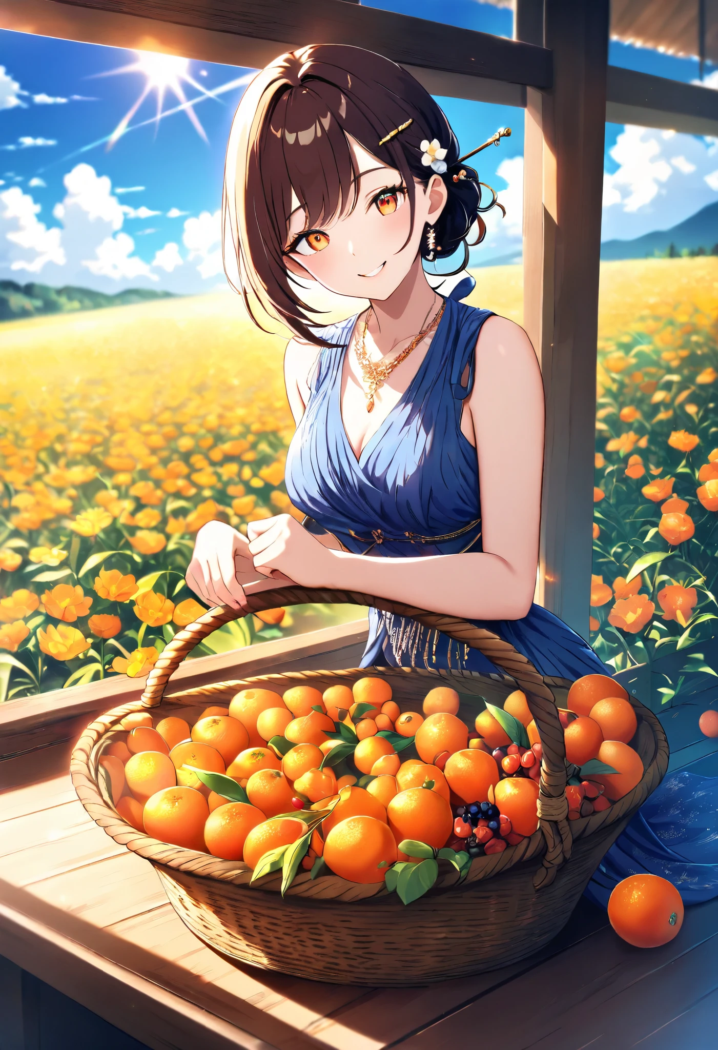 Create an illustration of a beautiful girl holding a fresh, juicy pineapple. The scene should emphasize the vibrant and refreshing nature of the fruit. Make sure the girl exudes a lively and youthful energy.