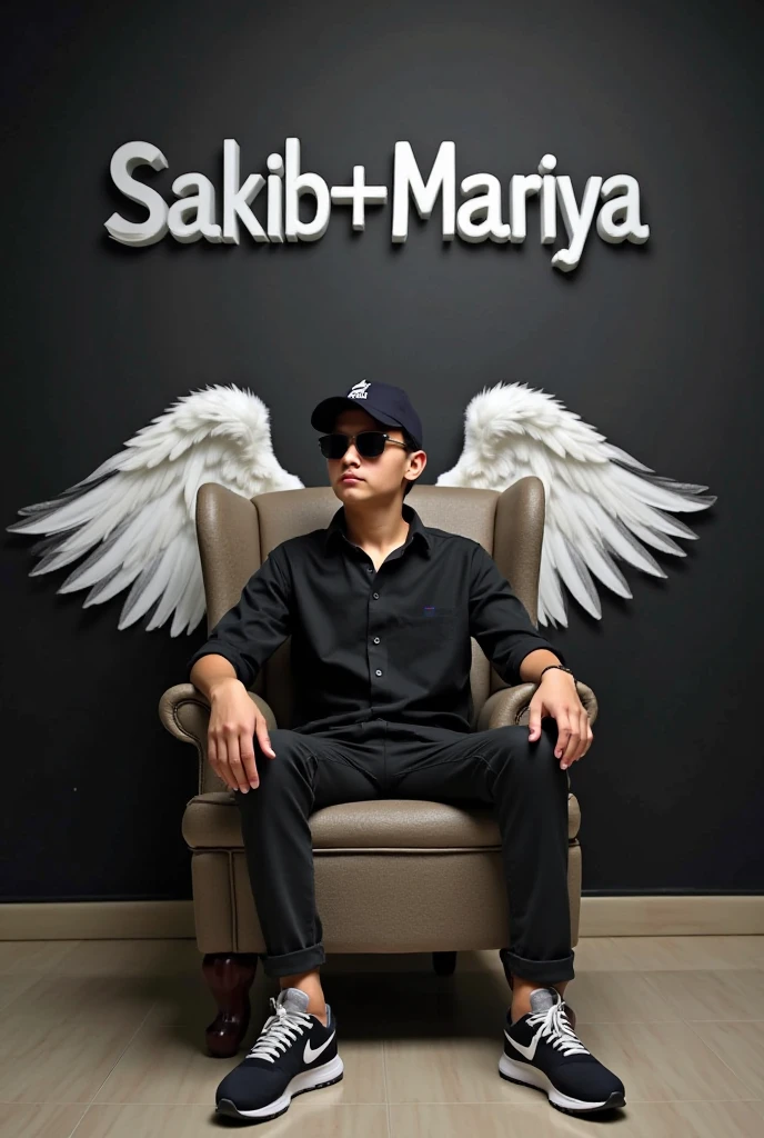 create a 3D illusion for a Instagram profile picture where  boy in a black shirt sits casually on a win back chair we wearing sneakers a red football cup and sunglasses he looks ahead the background futures samiul in big and capital white font on the black wall there should not be his shadow and there are wing to make it appear as if he is an angel