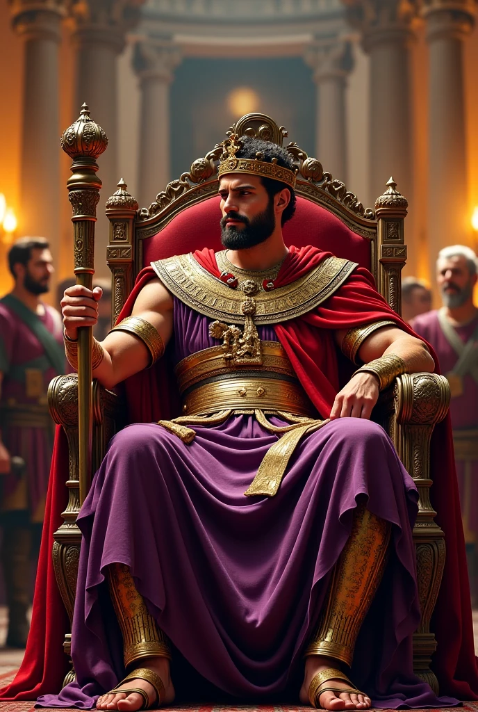 full view full body, white skinned King Xerxes, looking young and hansome, with no hair, no beard, no moustache, He is totally waxed, without a single hair, over-muscular with his over-inflated and over-bloated shoulders,legs, pecs, biceps and abs, is covered with dozens gold jewelery, rings, bracelets, necklaces and dozens of gold piercings on all body and face, golden sandals, arrogantly seated on his golden assyrian throne