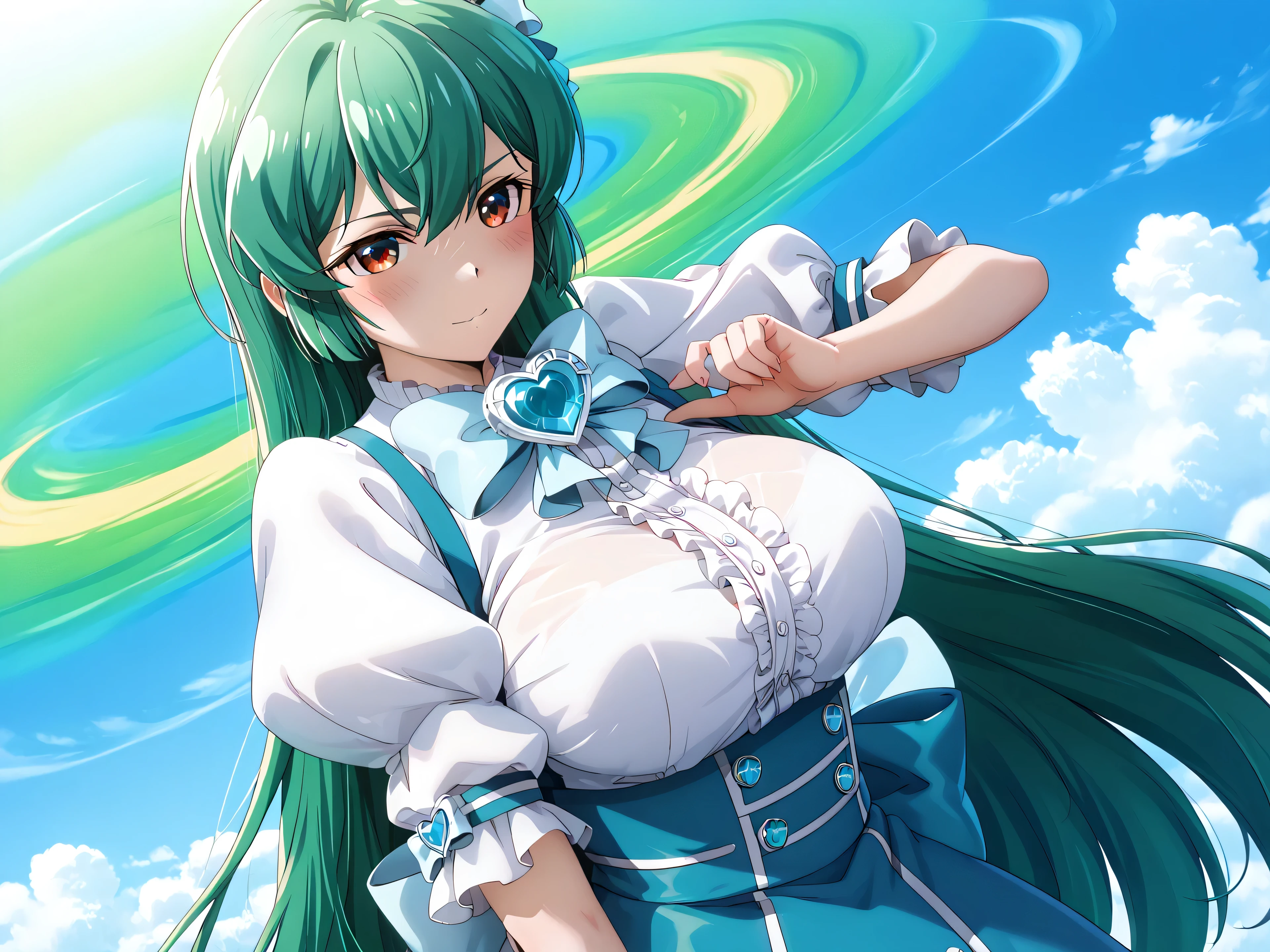 master piece、Best Quality,Super detailed,High resolution,Extremely detailed CG,Unity 8K Wallpaper,weat,score_9, score_8_up, score_7_up, score_6_up, score_5_up, score_4_up, source_anime,MinakamiSayo,Anime screenshots, Official Art、shirt, big breasts, dress, gem, 白いshirt, Upper Body, Short sleeve, Puff sleeves, A bow tie, パフShort sleeve, Heart Brooch,Red eyes、Green Hair、