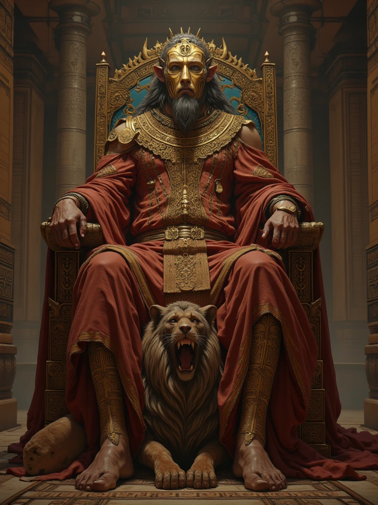 full-body shot,Lion's appearance,The human body,Ancient China,Lion spirit,(((sfw))),Holding weapons,Sitting on the throne,(((Sitting)))