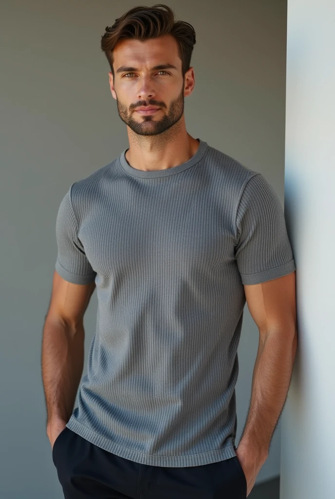 ((8k ((best quality)), ((masterpiece)), (very detailed), real face bald male muscular male full body wear grey shirt resting on carpet