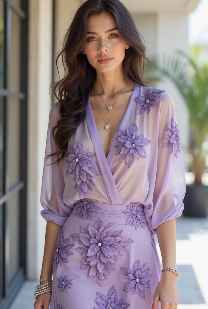 (masterpiece:1.2, Highest quality), (Realistic, photoRealistic:1.4), Beautiful illustrations, (Natural Side Lighting, Cinema Lighting), Beautiful thighs, Front view, 1 girl, high school girl, 18-year-old, Perfect Face, Symmetrical cute face, Glowing Skin, (Super long brown hair,Hair with loose waves inside、reaching down to the knee), Big eyes, long eyelashes chest), thin, expensive、 Beautiful Hair, Beautiful Face, Beautiful and beautiful eyes, Beautiful clavicle, Beautiful body, Beautiful breasts, Beautiful thighs, Beautiful feet, Beautiful fingers, (Beautiful views),Are standing, (smile, wonderful, Open your mouth),((standing gracefully:1.4))、Lying on a hotel bed、((abstract printed mini dresses_long sleeve_wrap dress_Thin:1.3))