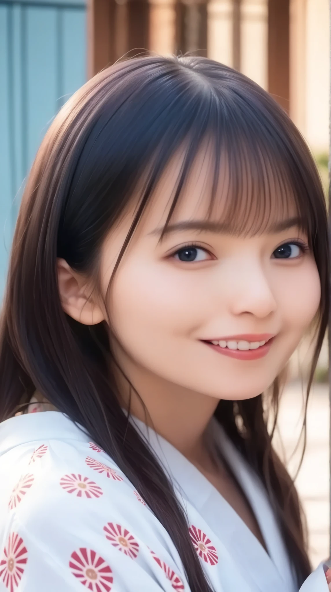 (Surreal), (High resolution), (8K), (Very detailed), (Beautiful and fine details), (Highest quality), (Ultra-detailed), (masterpiece), (Detailed face), Soft Focus、Yui Arakaki's face、huge 、Japanese、Shot in Kyoto、Shrine Background: Tie your hair up、Laughter、