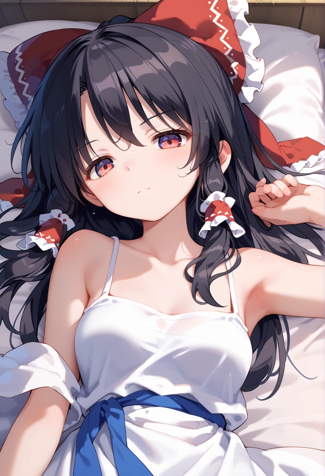 (small short figure girl, cute and petite girl little sister aura:1.5), detached sleeve, Married, Japanese bride, Wedding, wedding hakama skirt, yamato nadeshiko, 1girl, solo, outdoor, cute japanese model girl, very long hair, floral print, wedding hair ornament, wedding kimono, hakama, bangs, (masterpiece, best quality, HD Pictures, 4K:1.4), gentle look, gentle smile, gentle eyes, mature looking, pinkish cheeks, very detailed eyes, very detailed pupils, very detailed hair, furisode, flower head accesories, from front pov, detailed face, full body, look up to viewer, close up to forehead, leaning forward to viewer, detailed long black hair, (lying on bed, deep cleavage, blushing red cheeks:1.4)