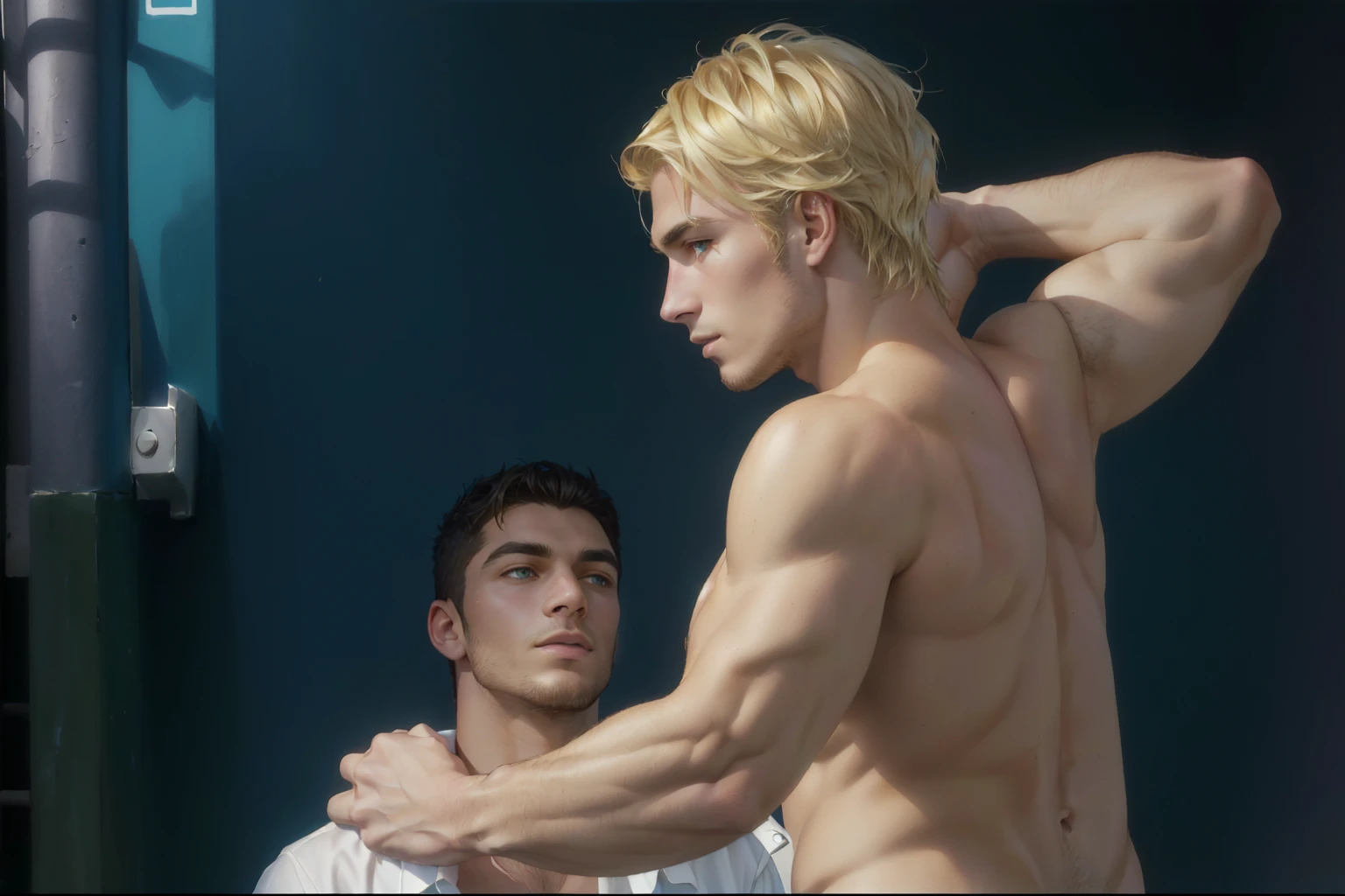 A blonde man taking a shower with his brother 