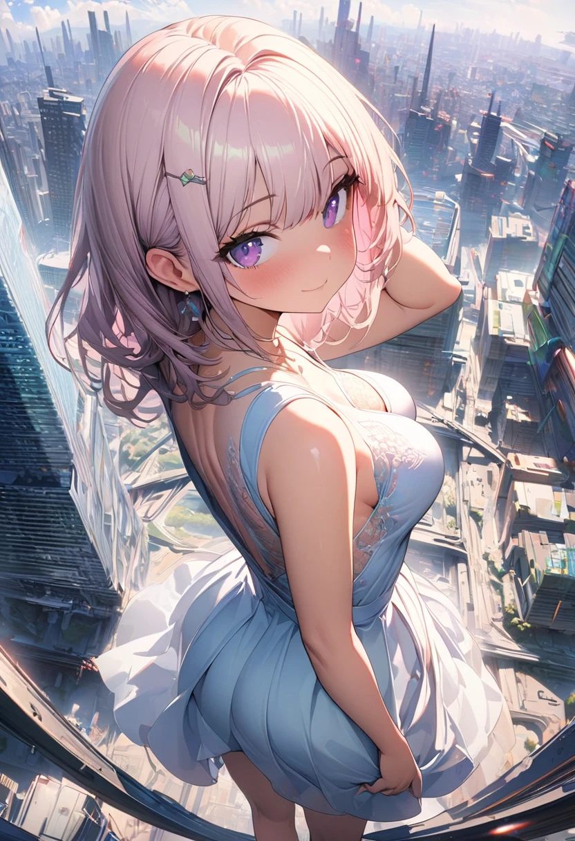 Masterpiece, high quality, high quality illustration, vast expanse of medieval cityscape, one girl, solo, (((( dress, V-neck, fluorescent luminescent lamé and see-through material produced, )))) long sleeves, long dress, delicate and super detailed embroidery, ((cute, super cute, incredibly ridiculous cuteness)) looking at you, ((blush)), raw girl ((from above)), shy pose,