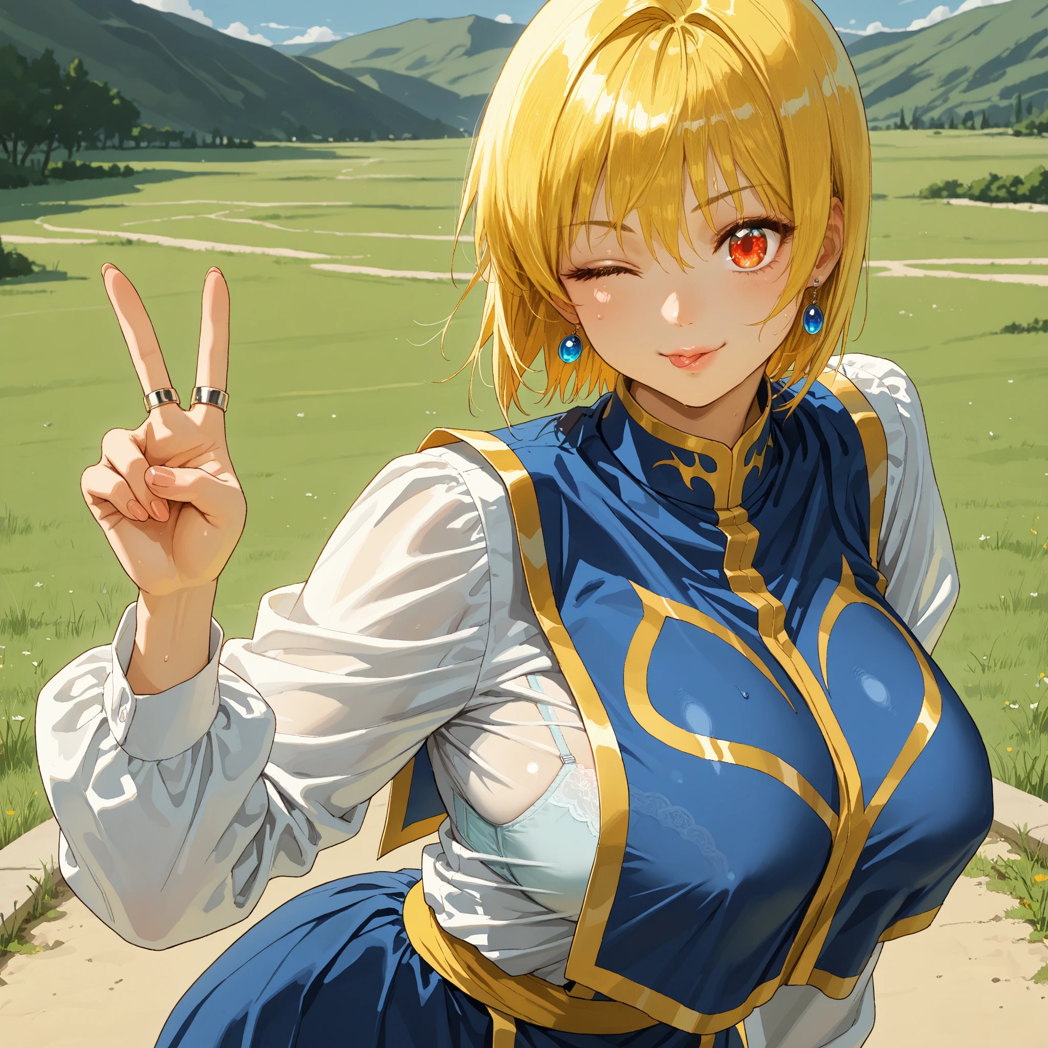 amazing quality, VERY BEAUTIFUL , absurdres, up to date, landscape, Highly detailed , high res,Close-up portrait,fair skin, Smooth texture , pink lips ,V logo,A hand, Focus on the theme ,Sharp focus,Medium Depth of Field,Smile, with underwear ,From the side, clear lines , Smooth Lines ,Sharp,( best quality , 8k , masterpiece , incredibly absurdres , beautiful woman , perfect body , super detailed skin , highly detailed eyes and face ) ,beautiful shiny lips, upper body, ,high fashion, dramatic lighting, warm colors, chiaroscuro, beautiful eyes,long eyelashes, large_breasts, mature_female, huge_breasts, bob hair,hair fluttering, japanese, stunning,stylish, perfect breasts,large breasts)), fit,seductive face, Kurapika, blonde hair,very (huge breasts:1.3), (long breasts:1.5), saggy breasts,masterpiece, Muscular、(sexy)、Sweaty,Anime-style painting style,shiny skin,earrings glossy lips, (focus on woman),  loose clothing,blue tabard, chest-length tabard,((gold trim)), white shirt, long sleeves, puffy skirt, bright blue skirt,long skirt, gold piping on skirt,((Skirt and tabard are the same color)),((simple yellow wide waist belt),(gold tarim on the edge of the skirt), rings on the right hand, ((breasts curtain),brown tights, kakkoii, pin heel ,grey eyes, A park with a fountain, sunny day ,breast curtain,retro artstyle,1990s,sanpaku,bra visible through clothes,Mouth closed, tongue sticking out slightly,(close one eye),bra visible through clothes
