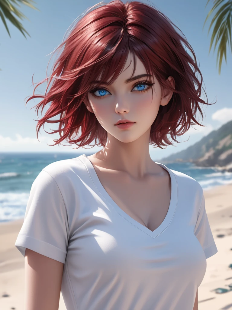 (Best quality, 8k, 32k, Masterpiece, UHD:1.2),Photo of Pretty woman, very short bob hair,upper body,face focus,oversized_shirt, necklace,  background, from above, looking at viewer, dyed red hair, tropical beach, smile, jacket, tunic, sfw