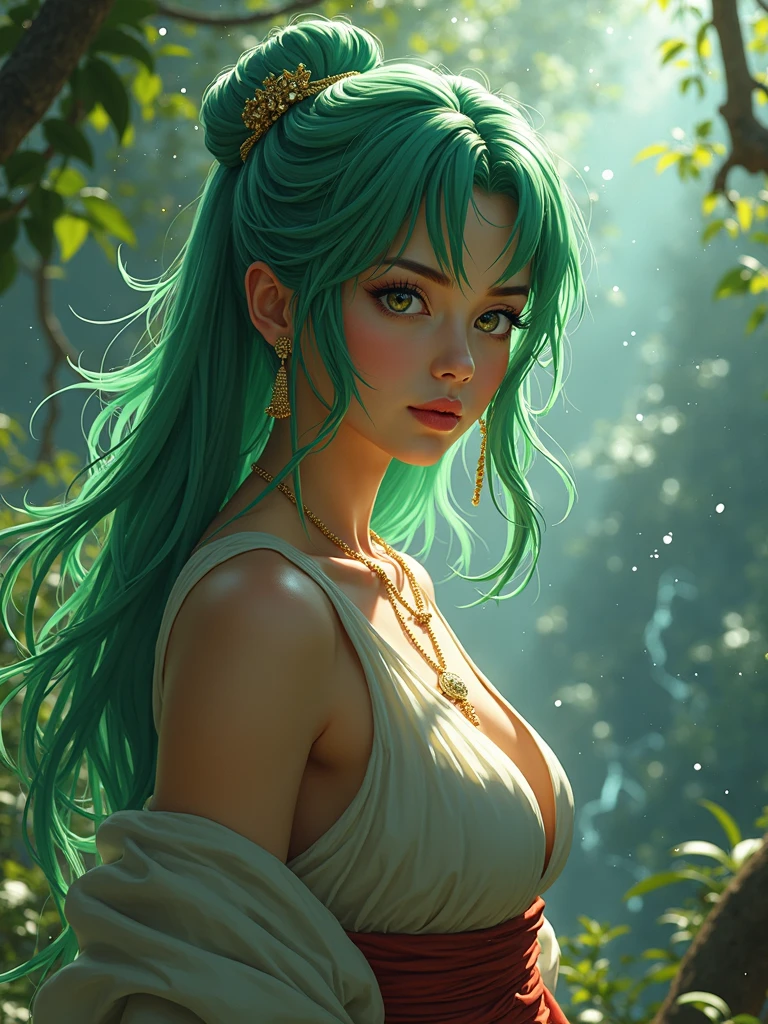 (Best quality,ultra detailed,photorealistic:1.37),Bright and rich colors,studio lighting,playful facial expression,stylish makeup, buttercup,green hair, fluttering in the wind,inviting eyes,glossy lips,sexy pose, I smile confidently and seductively,posing for a professional photo shoot,shallow depth of field,highlighting the main subject,soft natural light,Creating a dreamy and magical atmosphere.