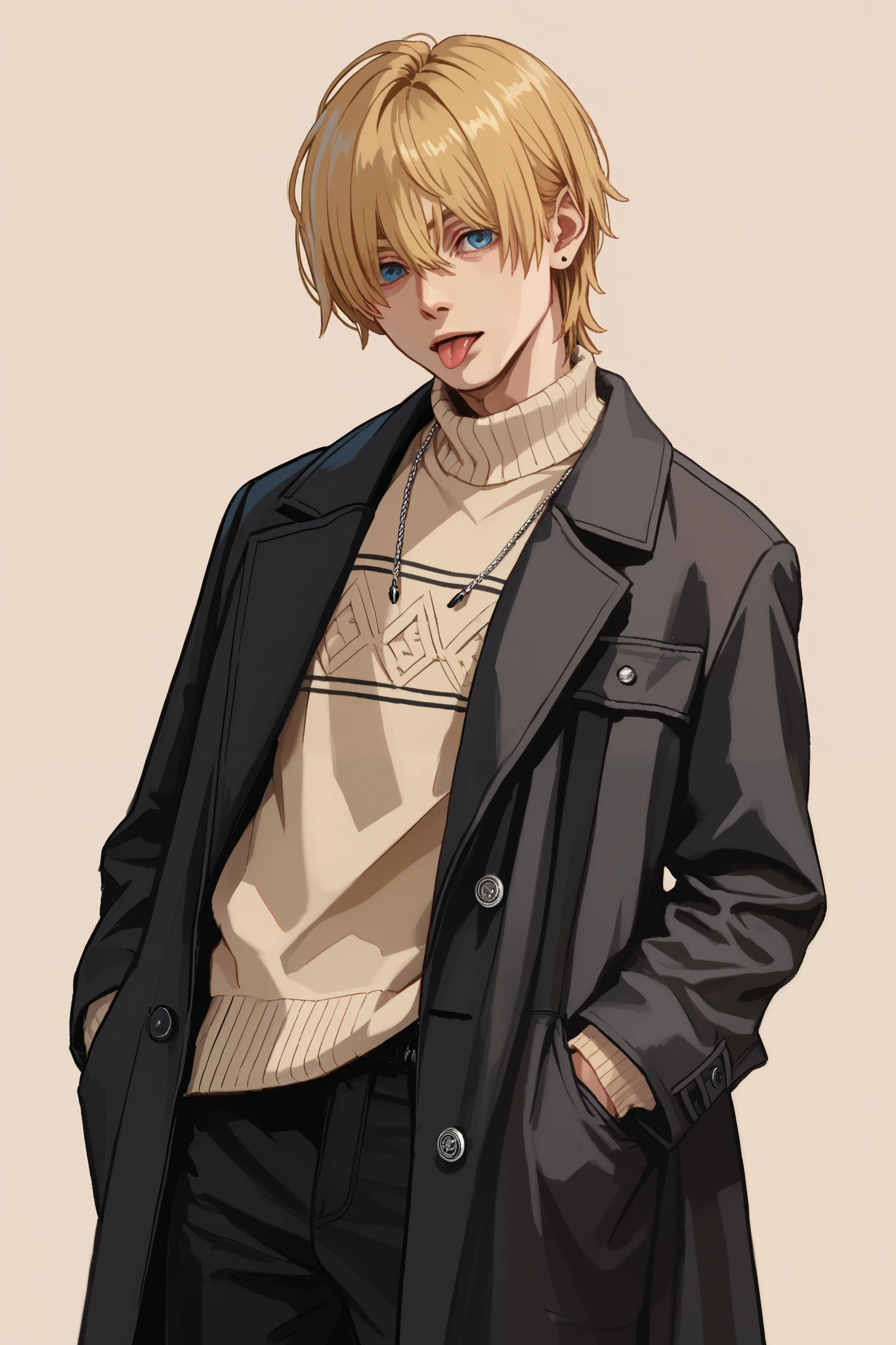 1 solo boy, medium blonde hair, bangs over eyes, blue eyes, tongue out, beige sweater, black coat, black pants, simple background