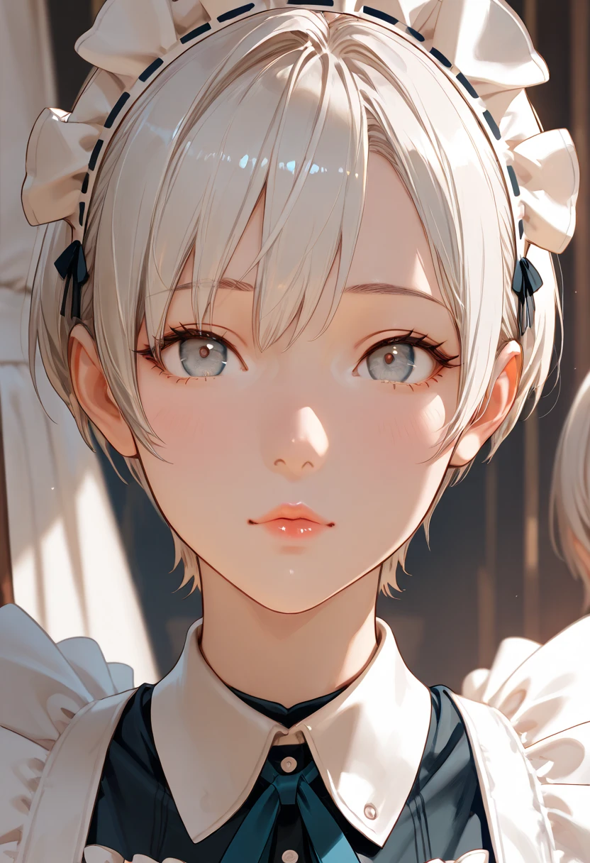 masterpiece,best quality,detailed face,motherly,1gir,silver hair,very short hair,maid headdress,frill apron,face focus,upper body