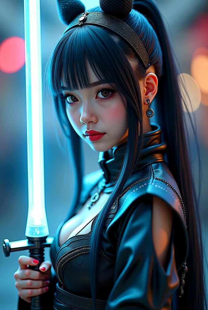large breasts,whole body,beautiful face,ponytail,daytime,crowd of people,masterpiece, extremely fine and beautiful、Sambar Punk、Holds a red mechanical sword。black jacket、jacket is open、combat readiness