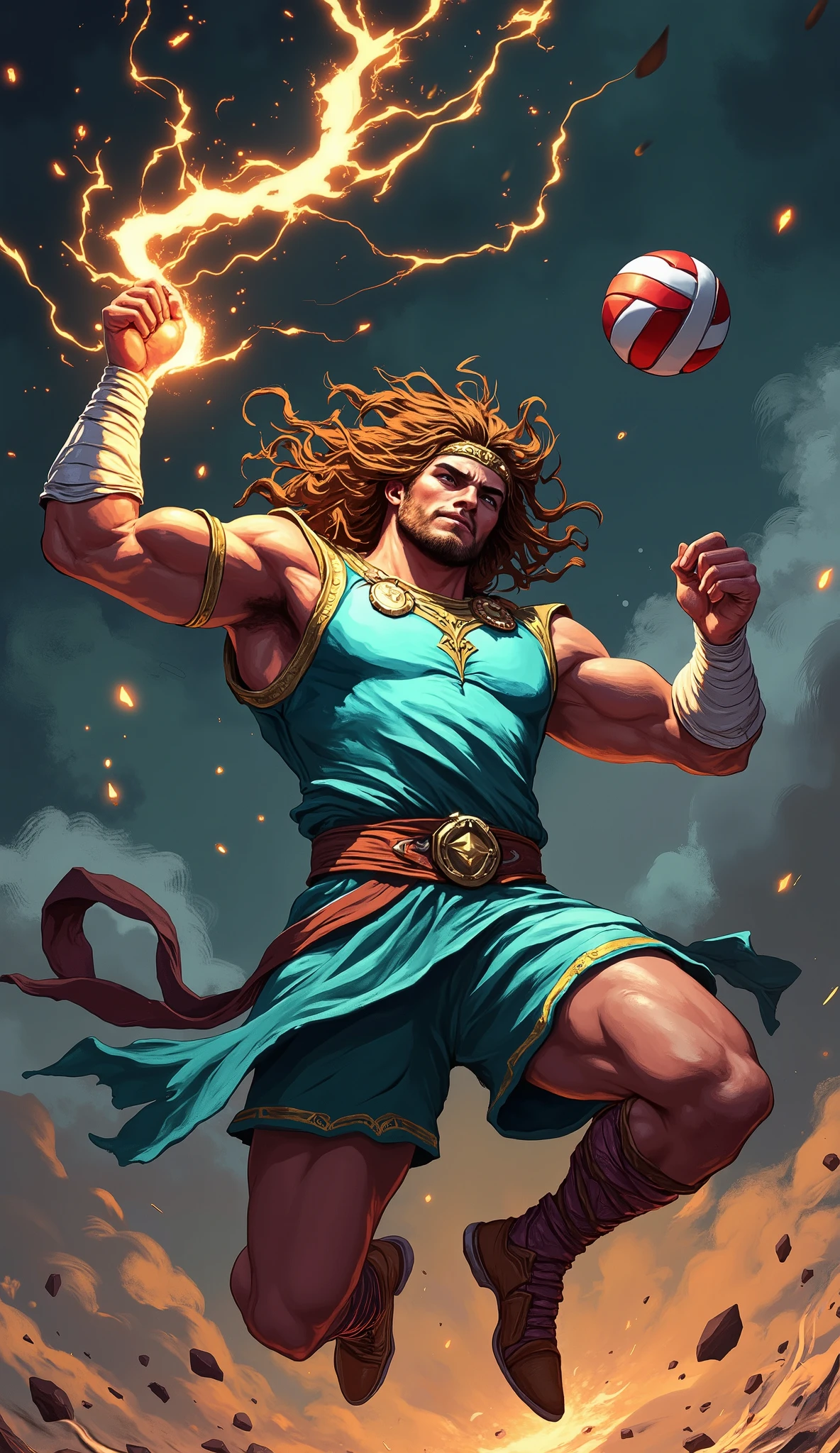 greek young god zeus, ((playing volleyball:2)), ((striking bolts)), volleyball ball, background is volleyball court, he is jumping, ((professional volleyball player pose jumping in the air attacking with ball through the net)), (((attacking the ball))), 4K, high details, (digital painting), ((oil painting:2.2)), dynamic pose, masterpiece, particles, (he is wearing turquoise warrior outfit covered with golden ornaments), (turquoise color), high quality, high contrast, strong light, ((majestic curly brown hair)), add bolts around him, ((energy sparks in his eyes:2)), sparks on ball, sparks around ball, ((he is holding thunderbolt))