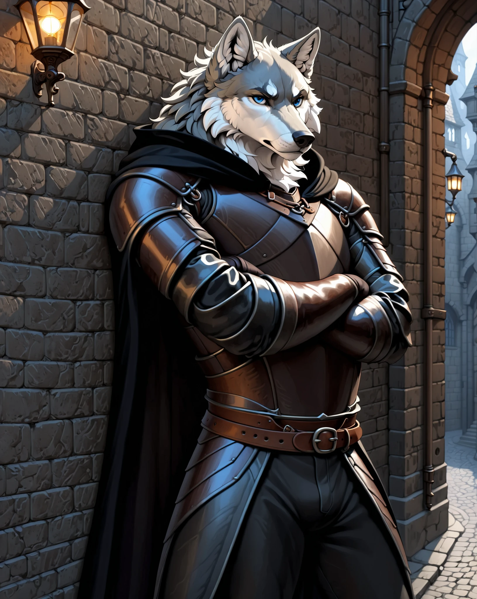 (Masterpiece, Absurdres, Hyper detailed, 4k, UHD), anatomically correct, studio-anime-style illustration. Medieval European fantasy, gothic architecture, back alley, lamp light. BREAK (Solo:1.3), swordsman, 1 cool adult male, gray wolf, blue eyes, (serious look:1.1), wearing (leather armor:1.1), leather belt, black pants, black cloak, (black leather gloves:1.1), (lean back against the wall:1.2), crossed arms.