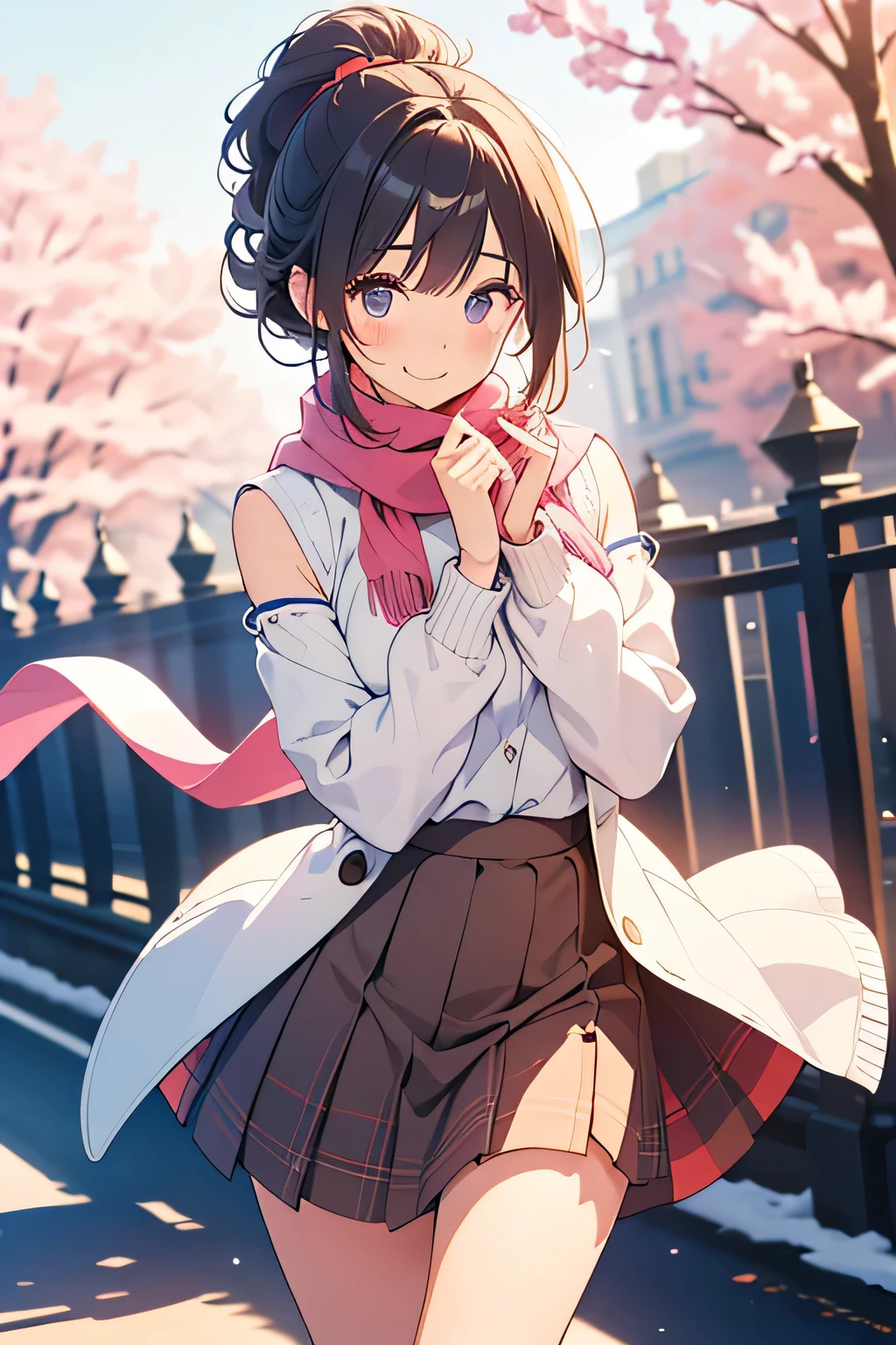 top quality、High Resolution、(high image quality:1.4)、masterpiece、Detailed Background、(Highly Detailed Faces:1.4)、(detailed eyes:1.4)、age beauty、( huge breasts:1.3)、(Normal number of fingers:1.3)、anatomically correct、perfect body line、Bright-colored hair、ponytail、 braided bob cut 、Cold Winter Night、walk home while exhaling white breath、
(the girl who pulls her sleeves softly and twists her neck:1.5)、
puffy white short coat、Snuggle up and be sweet just a little bit、a quick smile spills out when you wrap the scarf、hug the scarf tightly and look happy、gestures to hide hands by stretching out the sleeves、the moment you stare at it with an upward gaze enhances cuteness、
fluffy white short coat、fluffy white short coat、plaid trapezoid skirt、 Knee Length Flared Skirt 、 brown short boots、big fluffy scarf and knitted gloves、cute
