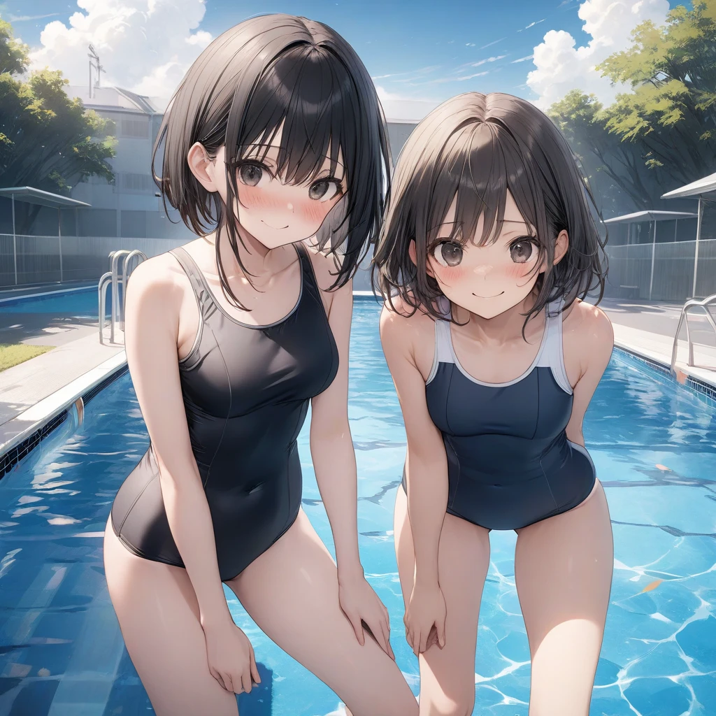 Very detailed, highest quality, High resolution, Moe Anime, ((4 cute girls with black hair and droopy eyes:1.2)), Blue Eyes, Sparkle in the eyes, Big eyes, tareme, View your viewers, Pale skin, Focus on the face, In the pool, ((The upper half of the body is a see-through school swimsuit and the lower half is naked.)), ((nsfw)), ((Very short hairstyle:1.5)), (Slightly below:1.2), ((Flat Chest:1.4)), (arms behind back:1.4)