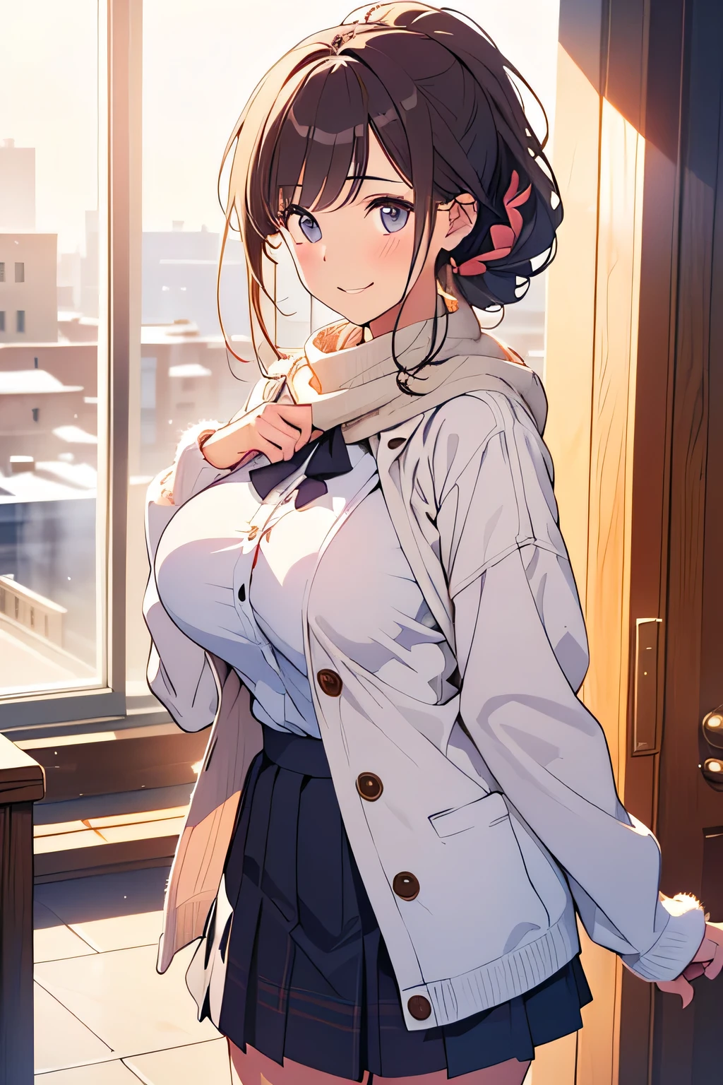 top quality、High Resolution、(high image quality:1.4)、masterpiece、Detailed Background、(Highly Detailed Faces:1.4)、(detailed eyes:1.4)、age beauty、( huge breasts:1.3)、(Normal number of fingers:1.3)、anatomically correct、perfect body line、Bright-colored hair、ponytail、 braided bob cut 、Cold Winter Night、walk home while exhaling white breath、
(the girl who pulls her sleeves softly and twists her neck:1.5)、
puffy white short coat、Snuggle up and be sweet just a little bit、a quick smile spills out when you wrap the scarf、hug the scarf tightly and look happy、gestures to hide hands by stretching out the sleeves、the moment you stare at it with an upward gaze enhances cuteness、
fluffy white short coat、fluffy white short coat、plaid trapezoid skirt、 Knee Length Flared Skirt 、 brown short boots、big fluffy scarf and knitted gloves、cute