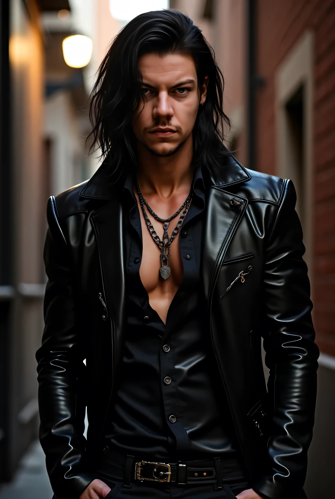 A sexy male with delicate facial features, black long hair, and teal blue eyes. His skin is so white and pale. He is wearing a long black trench coat and black shiny leather jeans. He is sitting on a sofa with his legs crossed sensually. He is biting his finger seductively. No facial hair.