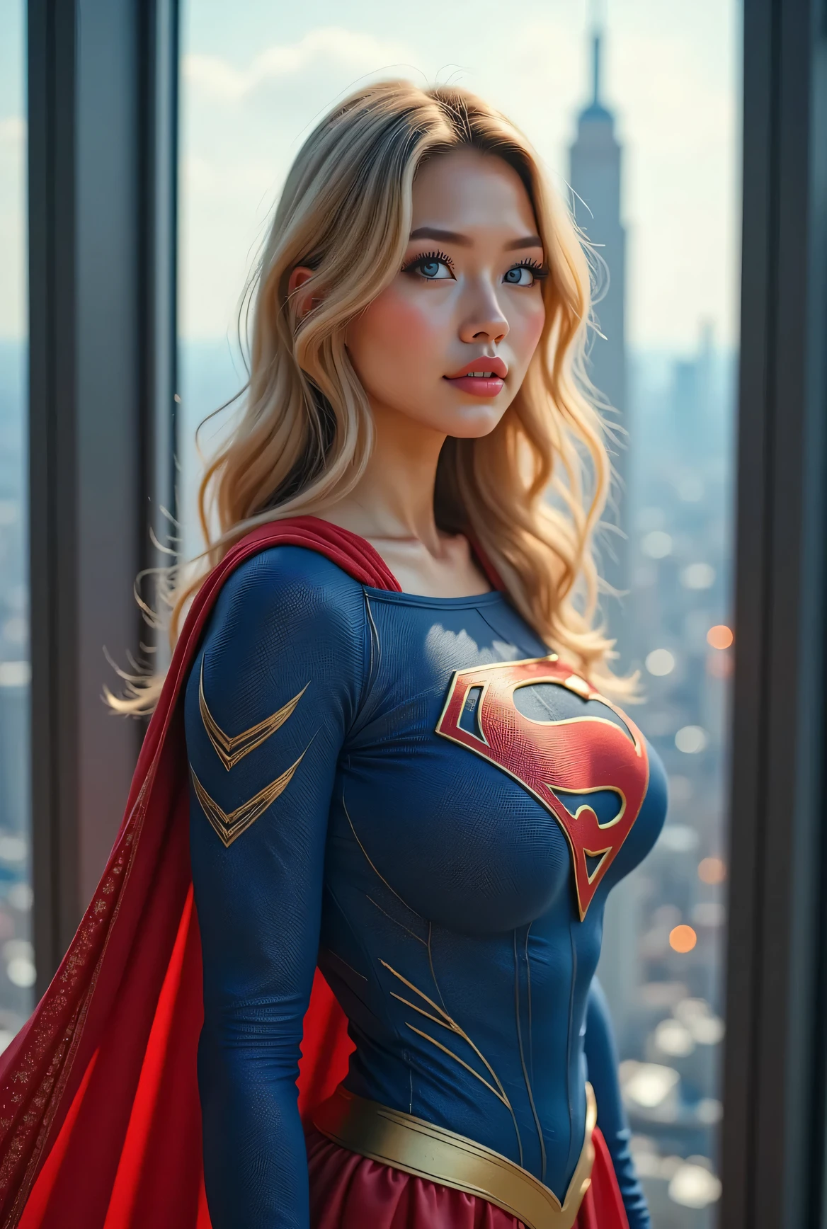Supergirl flying gracefully between the skyscrapers of New York, best quality, masterpiece, ultra high resolution, (photorealistic: 1.4), raw photo, 1girl, blond hair, bright skin, dramatic lighting, full body, wide hips, huge breasts, big ass