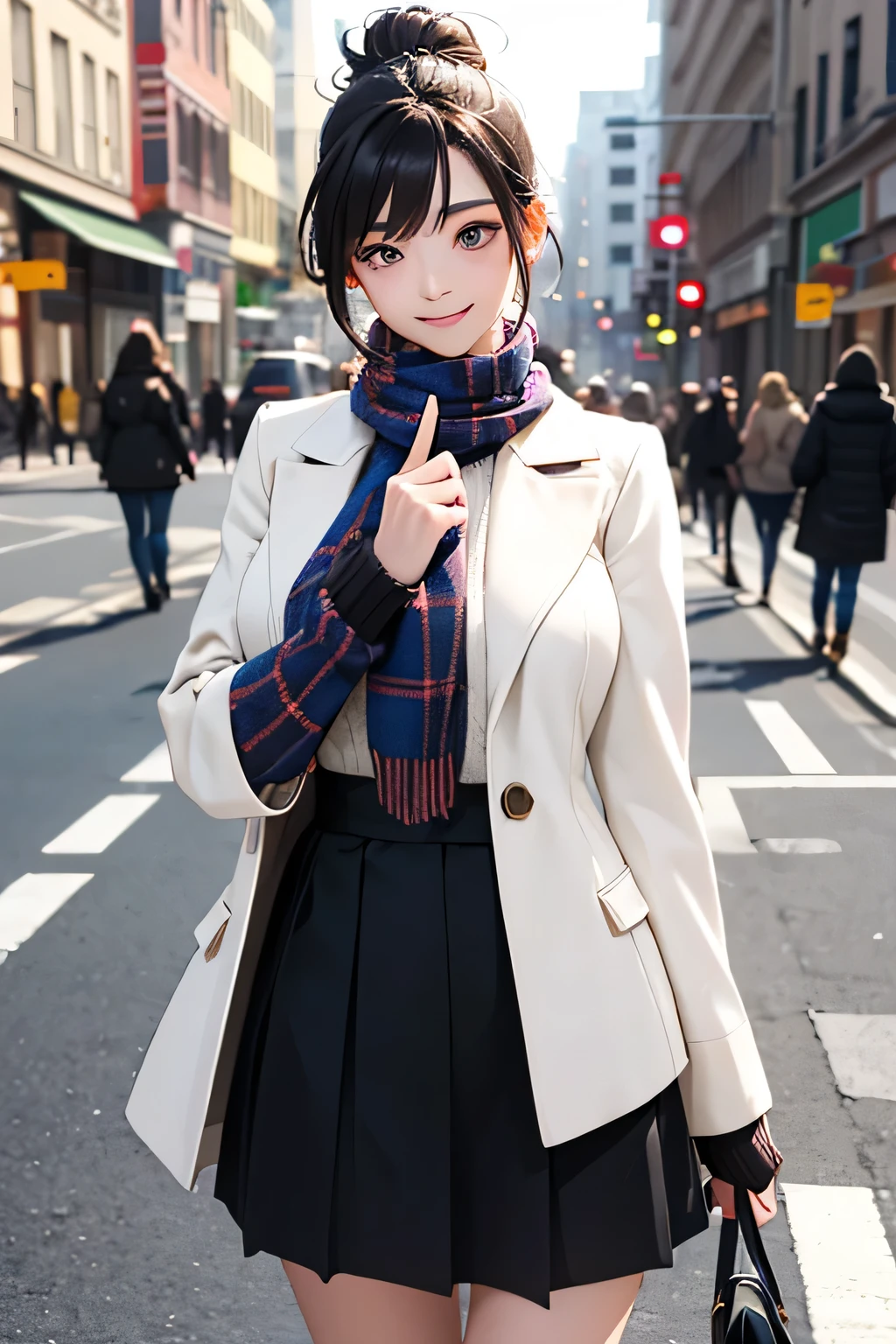 top quality、High Resolution、(high image quality:1.4)、masterpiece、Detailed Background、(Highly Detailed Faces:1.4)、(detailed eyes:1.4)、age beauty、( huge breasts:1.3)、(Normal number of fingers:1.3)、anatomically correct、perfect body line、Bright-colored hair、ponytail、 braided bob cut 、Cold Winter Night、walk home while exhaling white breath、
(the girl who pulls her sleeves softly and twists her neck:1.5)、
puffy white short coat、Snuggle up and be sweet just a little bit、a quick smile spills out when you wrap the scarf、hug the scarf tightly and look happy、gestures to hide hands by stretching out the sleeves、the moment you stare at it with an upward gaze enhances cuteness、
fluffy white short coat、fluffy white short coat、plaid trapezoid skirt、 Knee Length Flared Skirt 、 brown short boots、big fluffy scarf and knitted gloves、cute