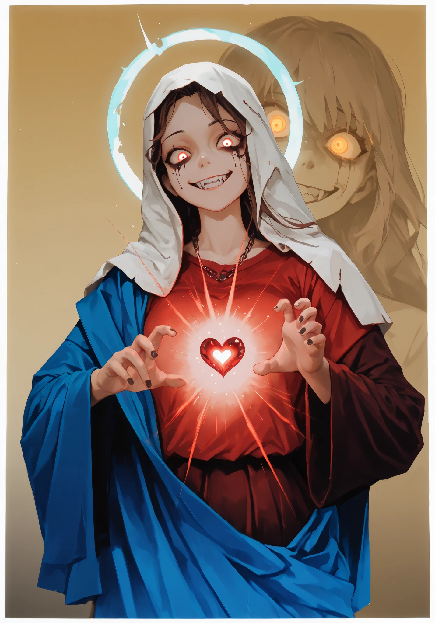 (ultra detailed), (masterpiece), (best quality), (depth of field), (sharp focus), (cinematic lighting), (vibrant white), 1, crazy smile, fangs, deep eyes, anime style, sacred image, (perfect hands), saint figure, pale skin, saint mary, psychotic, psycho, a dark-lit representation of saint mary, christianity figure clothing, shining aureola,medium breasts, (helding a glowing heart symbol in the center of her figure), (heart symbol), heart sexy girl, deep-set eyes, light trail on eyes, brown slim hair and lots of light energy, christhian image, psycho face, widely open eyes, (holy light in the background)), sharp teeth, nails, (((black gradient background:1.4))), ((dark floating glowing chains around)), iridescent floating chains, (side intense pose), dramatic pose, energy, energetic, Phonk, Brazilian Phonk, Simple Design, Simplified --s 100 --niji 5 --ar 1:1, phonk, 1girl, dark background, silhouette, glowing eyes, aura, haunted glow, floating hair, glowing eyes, looking at viewer, {{crazy smile, sadistic smile, closed teeth}}, {{glowing eyes, glowing particles, glow}}, traditional media, realistic