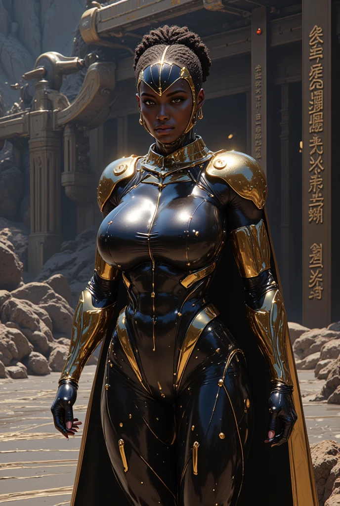 Ethiopian woman, ethnically Ethiopian, muscular and athletic woman, in early thirties, wearing black and gold luxtech, ethnic jewelry, wearing black and gold futuristic power armor that has no helmet, cyberpunk themed