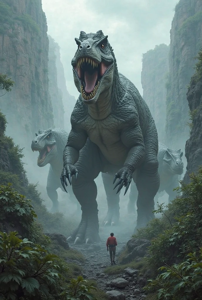 Unidentified creatures deep in the mountains。scared。huge。Keep your background realistic。I included a person to compare the size.