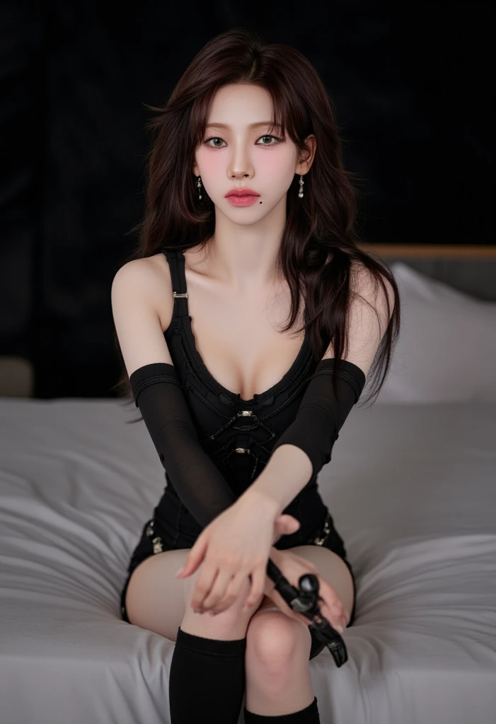 ((Best quality, 8k, Masterpiece :1.3)), Whole body, Sharp focus :1.2, A pretty woman with perfect figure :1.4, Slender abs :1.2, ((Dark brown hair, Big breasts :1.2)), body dress :1.1, (Night city view, Modern balcony :1.1), Highly detailed face and skin texture, Detailed eyes, Double eyelid, Small Bust, OL Uniform, Office Wear, white T-shirt, exposed cleavage, (Black Pantyhose), (No Panties), Interior Scene, Office