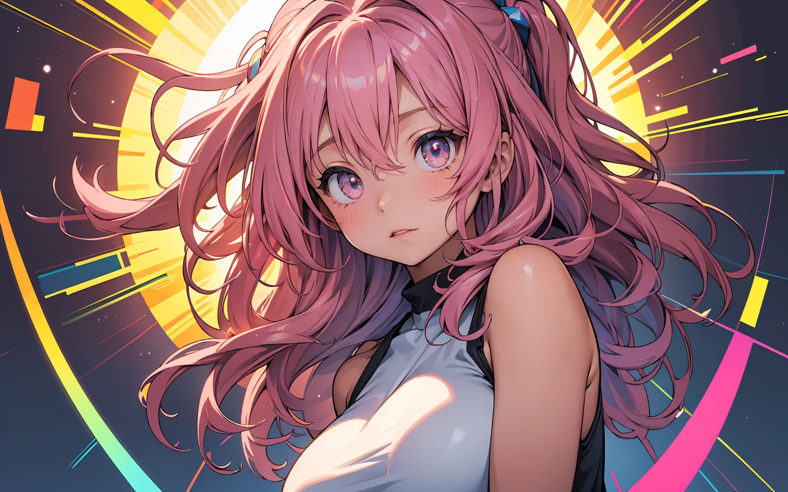 1girl, portrait, loli anime girl with short pink hair wearing maid outfit, pink hair with blue gradient shades, pink eyes, close up face, detailed eyes, detailed hair, emotional lovely happy expression, crystal glowing eyes, cinematic lighting, extremely detailed body, face, clothes, (best quality,4k,8k,highres,masterpiece:1.2),ultra-detailed,ultra HD, masterpiece, very very anime style, bokeh, starry shining lighting, original characters 