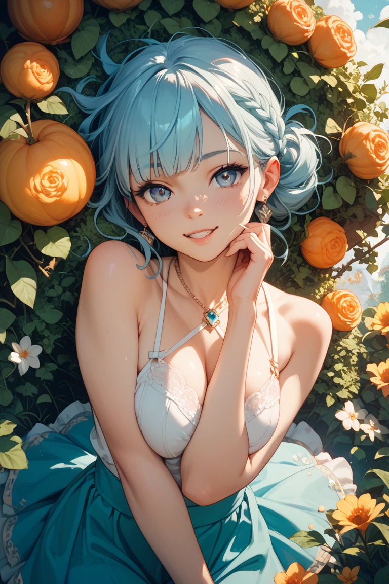 from front, fisheye lens, looking at viewer, breast focus, face, (bent_over:1.5), outstretched hand, large breasts, sagging breasts, cleavage, white chemise, wet, wink, (spoken heart:1.3), sunflower field, (depth of field:1.3), aqua hair, short hair, volumey messy hair, strong light coming in, lens flare, straw hat