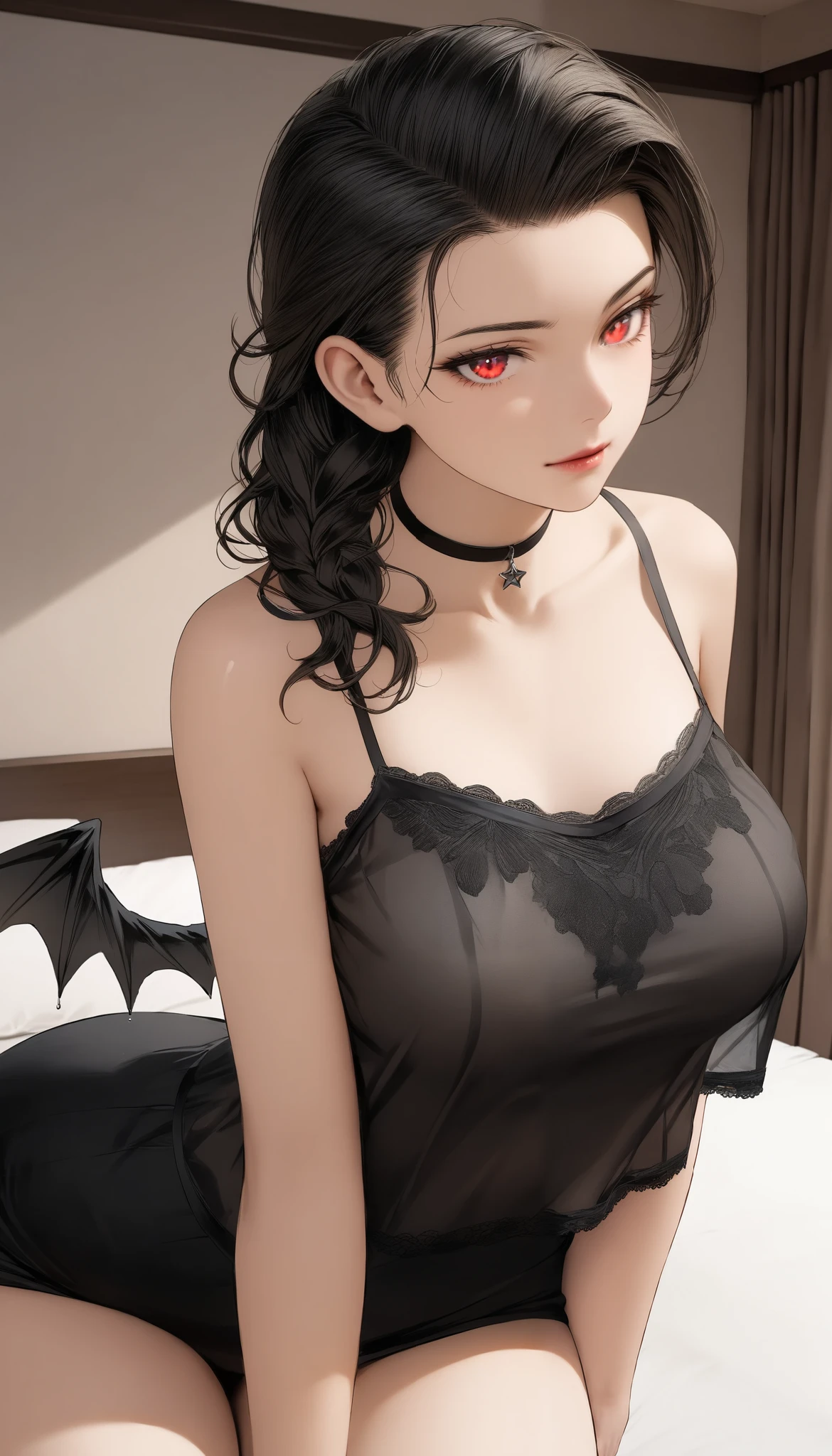 (  masterpiece, Top Quality, Top Quality,   beautiful、Midea:1.2), 1 person,beautiful,  Anime-style illustration of a girl posing showing off her healthy mother ,  it's cute,  sexy clothes and  beautiful and cute、  black hair, (slicked back hair),  girls on the left,   mature woman, 40 years old, Speaking Eyes, , bedroom, Deleted,  is dripping from the mouth, Starry Eyes, 40s, Mature Woman, miniskirt, Detailed thighs,  Fine fingers , Sheer, wet, lying on the bed, dark bedroom, sensual, Proof of Night, camisole, Devil&#39;s Wings, Red Eyes, succubus
