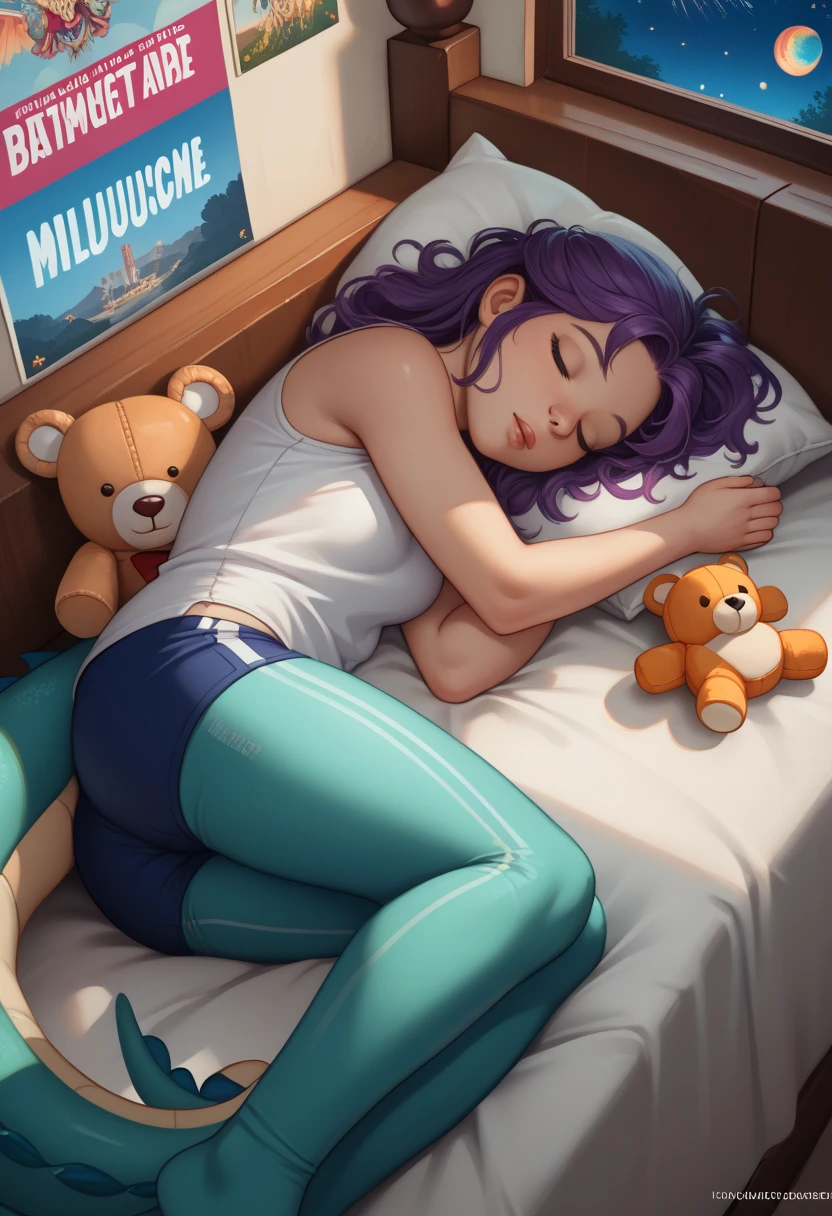 [Fay Spaniel], [Starfox 2], [Uploaded to e621.net; (mayosplash), (Pixelsketcher), (fluffkevlar)], ((masterpiece)), ((HD)), ((solo portrait)), ((full body)), ((front view)), ((furry; anthro labrador)), ((detailed fur)), ((detailed shading)), ((beautiful render art)), ((cel shading)), {(female anthro dog), (athletic slim figure), white fur, black nose, (long floppy ears), (long curly hair), (both eyes closed), (long eyelashes), (gorgeous hips), (beautiful legs), (beautiful paw feet), (black claws), (medium boobs), (blushing), (mouth open), (drooling)}, {(white sports bra), (nipple outline), (cyan spandex yoga shorts)}, {(on bed), (laying on side), (head on pillow), (head resting on hand), (sleeping)}, [background; (white metal walls), (ceiling lights), (window), (cosmic sky), (si-fi), (ambient lighting)]