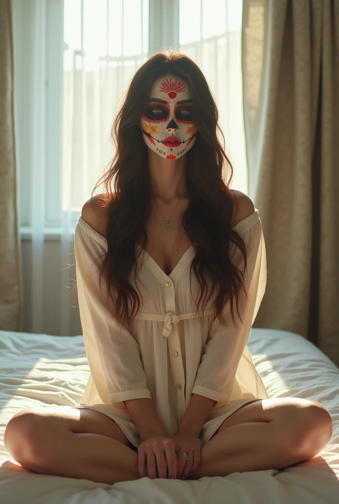 realistic photo, a cute japanese girl, wavy long brown hair, with sugar skull de los muertos mexican face mask is nude, prone position with one of her middle finger is sucked by her mouth, with legs lifted upwards, she is smiling while looking at the laptop monitor in front of her, correct anatomy, detailed face and body, natural lighting, high resolution, photorealistic, (best quality,8k,highres,masterpiece:1.2),ultra-detailed,(realistic,photorealistic,photo-realistic:1.37),realistic skin texture,detailed eyes and lips, natural smile, beautiful detailed face,long eyelashes,smooth skin,natural body shape, source of light only from laptop monitor light, black wall bedroom & red silk sheets