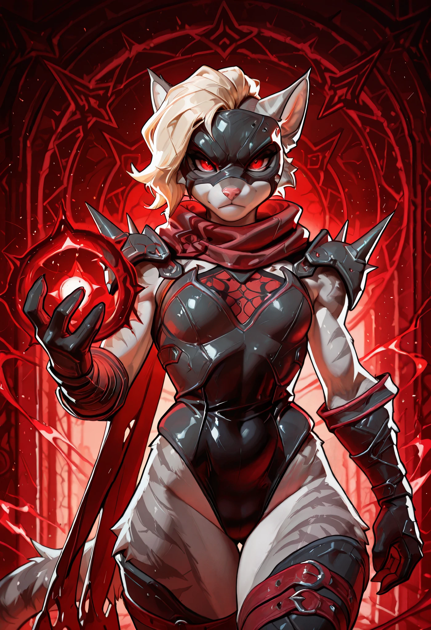 best quality, masterpiece, Absurd res, katxl, anthro furry feline girl, suem4lice, melanch0ly, 1girl, solo, red eyes, short blonde hair,undercut hair, snout, small breast size, pink nose, serious expression, grey striped fur, leotard, scarf, shoulder spikes, mask, armor, magic, red theme, walking towards viewer,