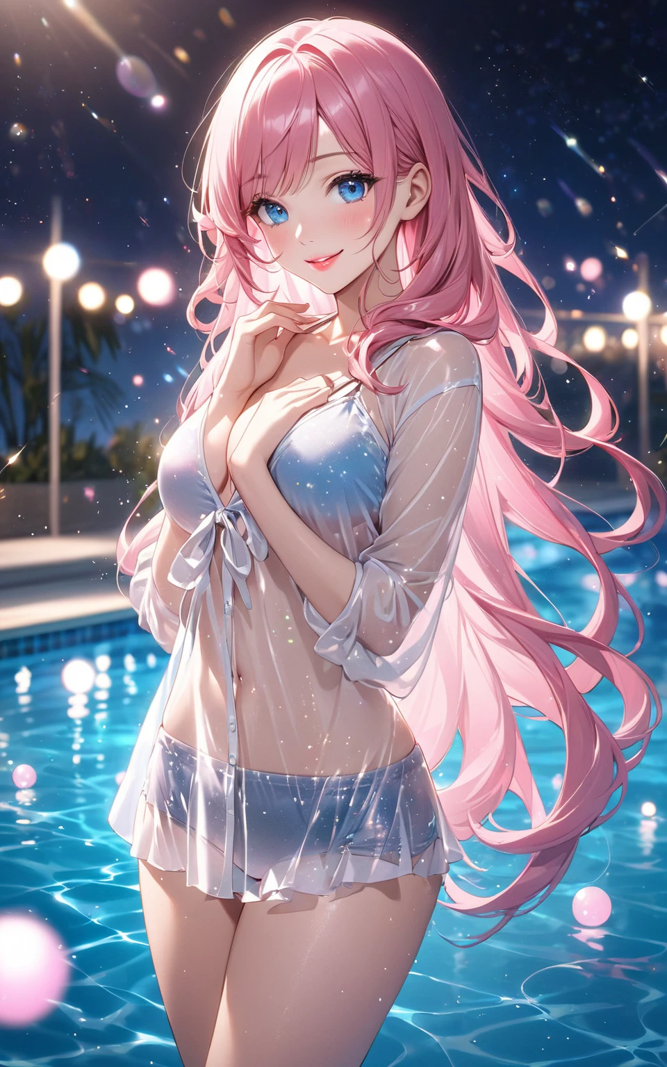 Generate 24 years old sexy and horny nurse wearing transparent pink color rain clothes, in 3D Hentai cartoon anime style, Zoom in and focus at external and internal labia form worm eyes view. sitting on both knee and Spread your legs to show internal labia, very long blonde color hair, shiny white skin color, Facial profile look like “Lisa” of “Black Pink”, “gigantic breasts”, hands was covered her breasts. very big buttocks, big pink hairy external labia. white fluid flow from internal labia, Erotic feeling Background is blue universe with galaxy star with Silver dust and pink bubbles. Sitting on the blue round earth. High definition on girl.