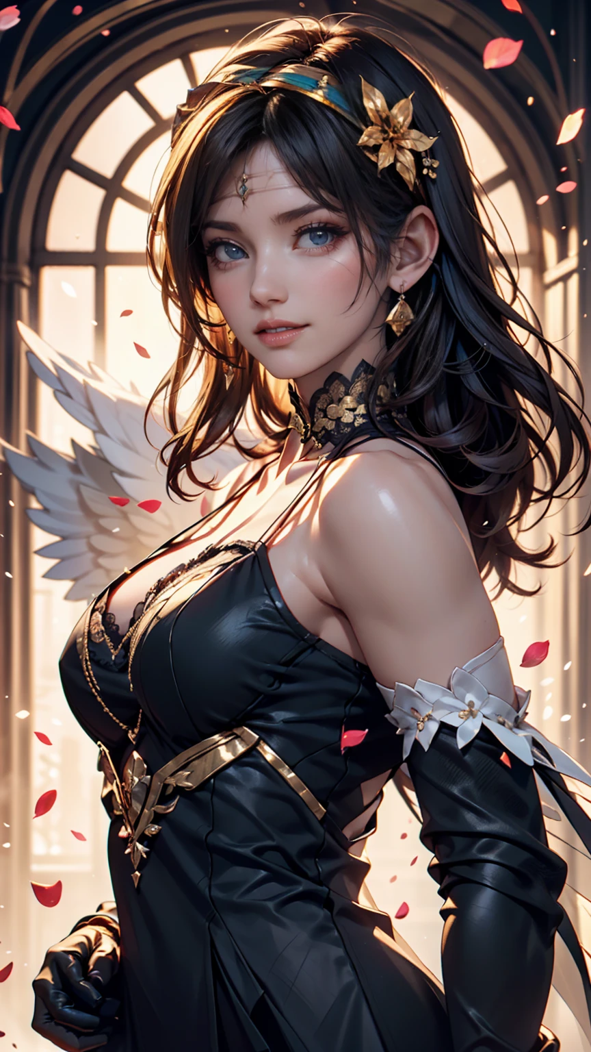 ((RAW Photos)), ((masterpiece)), Anthropomorphic humanoid angel girl in white royal robes, Intricate details, running, A complex Greebles piece, Sky Behind, pink, Beautiful Wings, Fine eyes and lips